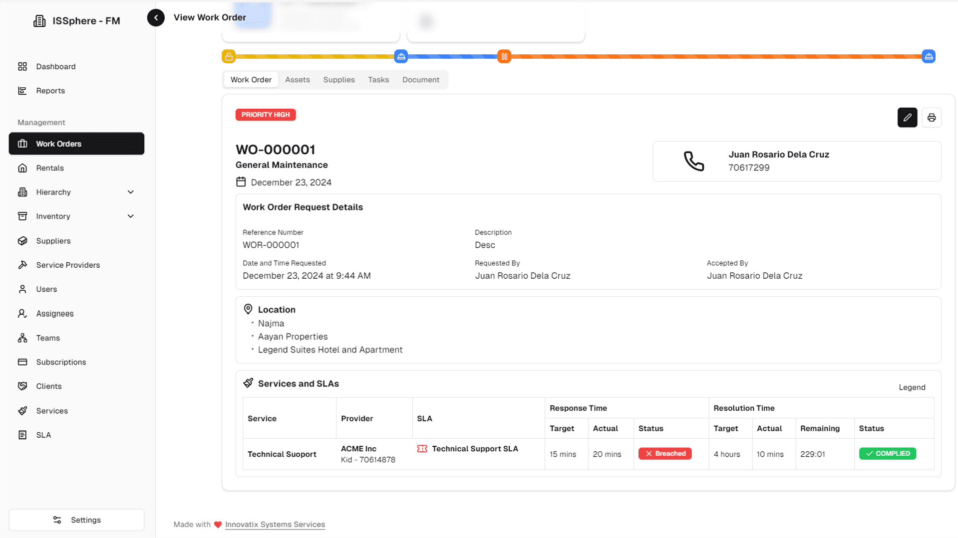 Facilities management work order screen