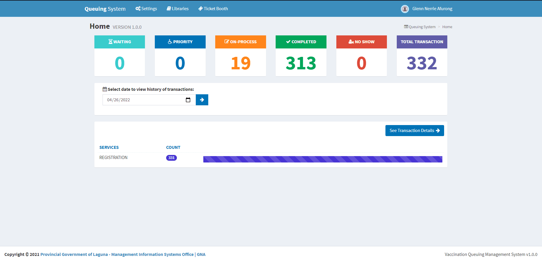 Queuing system dashboard